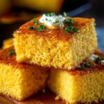Stacked pieces of moist golden Cornbread Recipe topped with butter and herbs, served on a wooden board, ready to eat