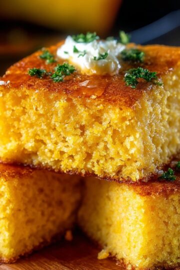 Stacked pieces of moist golden Cornbread Recipe topped with butter and herbs, served on a wooden board, ready to eat