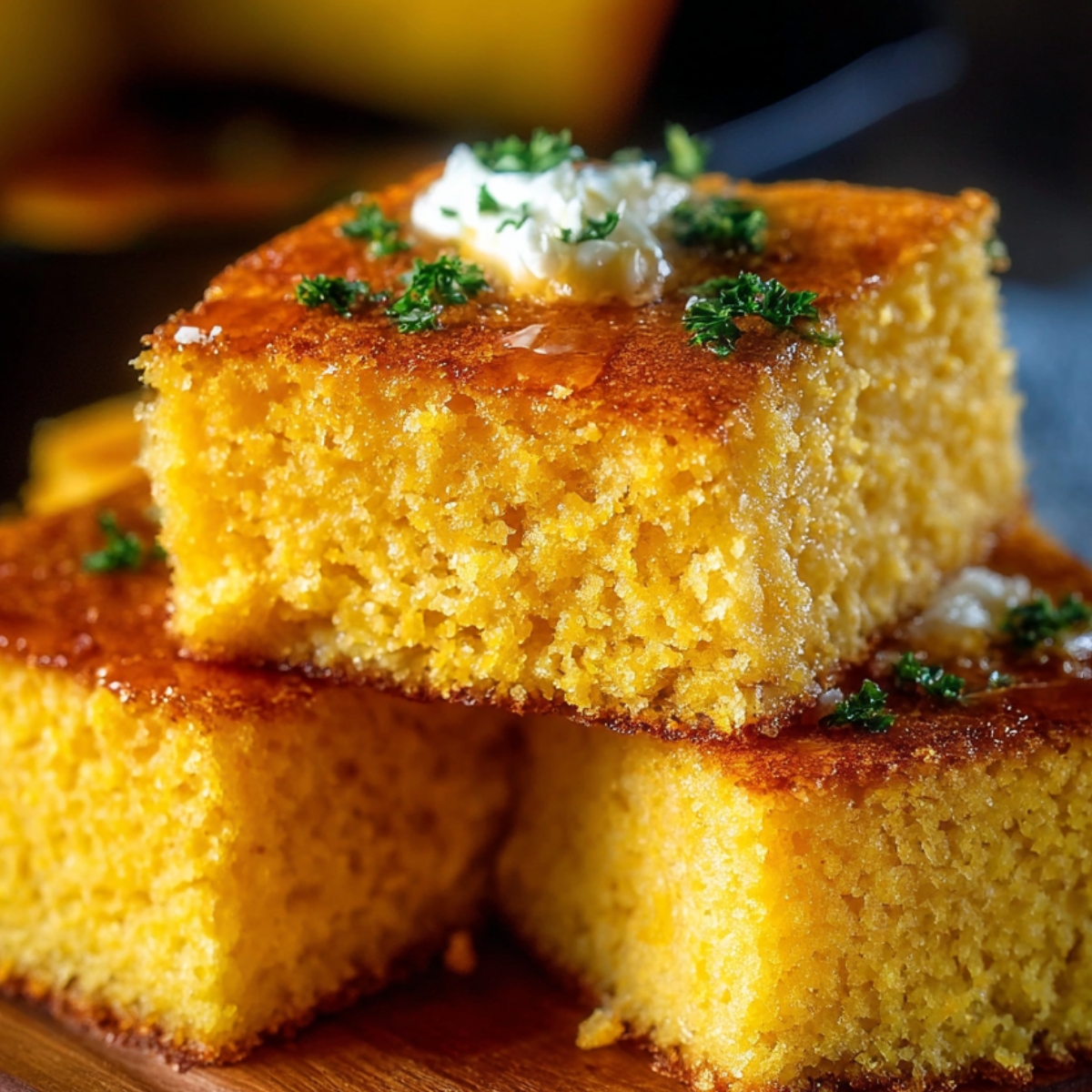 Stacked pieces of moist golden Cornbread Recipe topped with butter and herbs, served on a wooden board, ready to eat