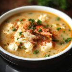 Bowl of creamy crab soup topped with large chunks of crab meat, sprinkled with paprika and parsley. The rich, slightly spicy broth is served warm in a black-and-white bowl.