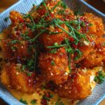 A serving of crispy bang bang chicken bites garnished with chopped parsley, chives, red pepper flakes, and drizzled with creamy sauce in a square bowl.
