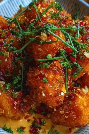 A serving of crispy bang bang chicken bites garnished with chopped parsley, chives, red pepper flakes, and drizzled with creamy sauce in a square bowl.