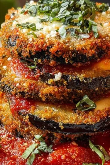 A plate of Crispy Eggplant Parmesan slices topped with cheese and fresh basil over tomato sauce.