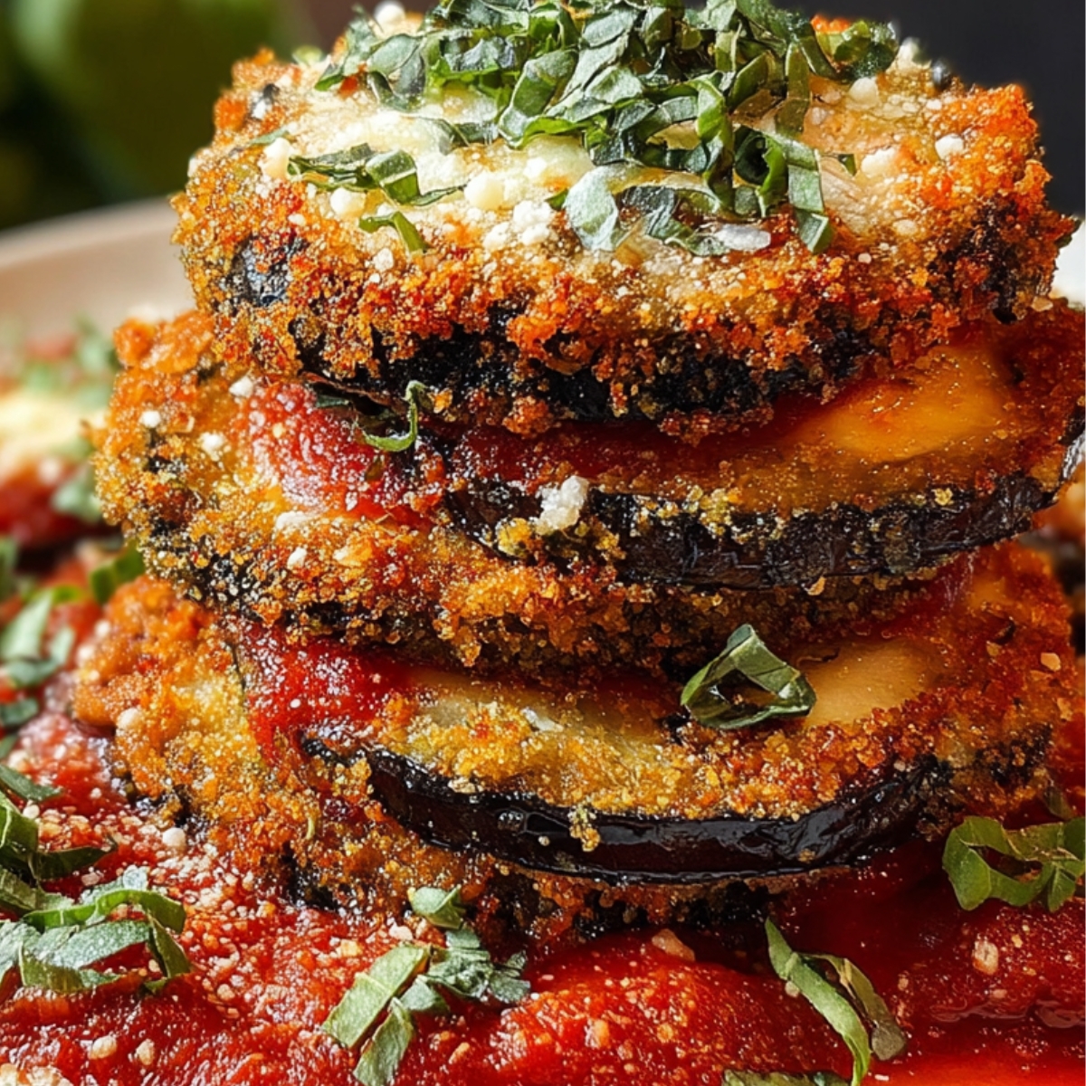 A plate of Crispy Eggplant Parmesan slices topped with cheese and fresh basil over tomato sauce.
