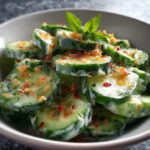 Creamy cucumber salad garnished with chili flakes and crispy onions, served in a white bowl with a mint sprig on top.