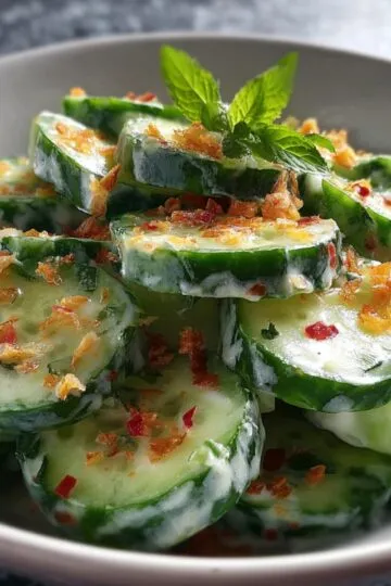Creamy cucumber salad garnished with chili flakes and crispy onions, served in a white bowl with a mint sprig on top.