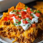 A serving of baked Dorito Asserole casserole on a plate, topped with sour cream, diced tomatoes, and fresh cilantro.