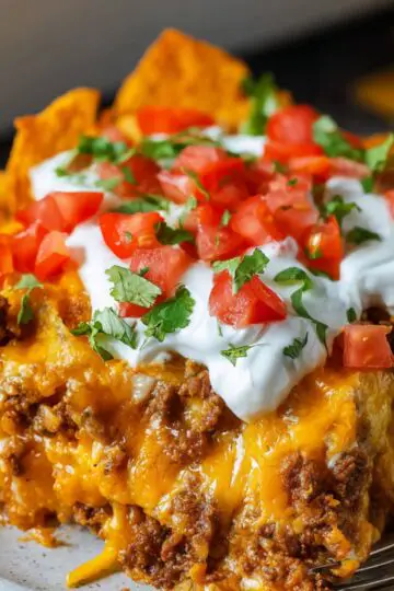 A serving of baked Dorito Asserole casserole on a plate, topped with sour cream, diced tomatoes, and fresh cilantro.
