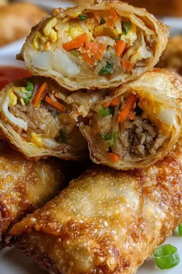 A plate of golden crispy egg rolls sliced open to reveal a filling of vegetables, ground meat, and scrambled eggs, served with sweet chili dipping sauce and garnished with chopped green onions.