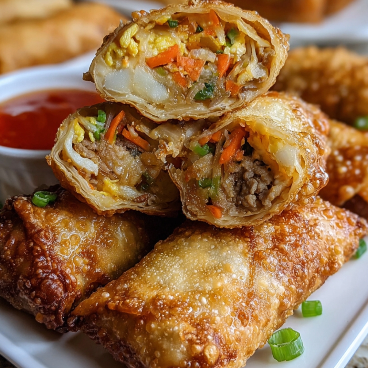 A plate of golden crispy egg rolls sliced open to reveal a filling of vegetables, ground meat, and scrambled eggs, served with sweet chili dipping sauce and garnished with chopped green onions.