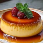 A smooth and creamy flan recipe with a golden caramel top, garnished with fresh raspberries and a sprig of mint. The custard sits in a pool of caramel sauce on a ceramic plate, ready to be served.