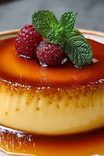 A smooth and creamy flan recipe with a golden caramel top, garnished with fresh raspberries and a sprig of mint. The custard sits in a pool of caramel sauce on a ceramic plate, ready to be served.
