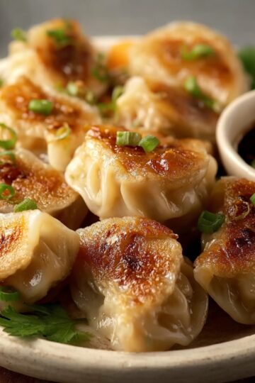 Golden brown, crispy-bottomed Fried Dumplings served on a ceramic plate. Topped with chopped scallions and paired with a small bowl of soy-based dipping sauce. Fresh cilantro garnishes the side. These are pan-fried dumplings with perfect texture contrast – crispy and juicy.