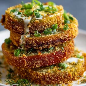 A stack of crispy Fried Green Tomatoes slices coated in golden cornmeal, drizzled with creamy sauce, and garnished with chopped green onions.