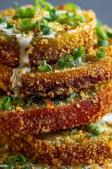 A stack of crispy Fried Green Tomatoes slices coated in golden cornmeal, drizzled with creamy sauce, and garnished with chopped green onions.