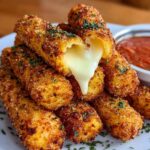 Fried Mozzarella Sticks golden cheese sticks with melted cheese inside, served with marinara sauce.