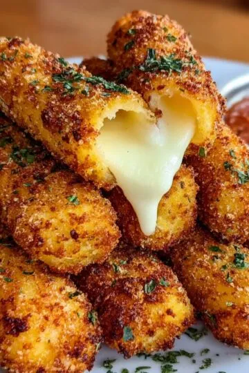 Fried Mozzarella Sticks golden cheese sticks with melted cheese inside, served with marinara sauce.