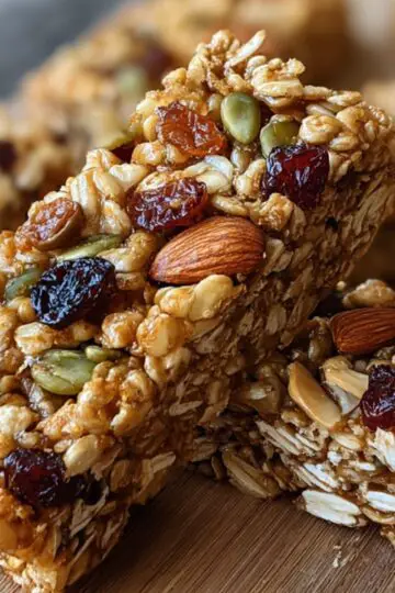 Homemade granola bar recipe arranged on a wooden board, made with oats, whole almonds, pumpkin seeds, and dried berries.