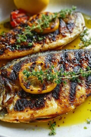 Two grilled fish on a plate with lemon slices, fresh thyme, and tomatoes, served in a golden olive oil sauce.