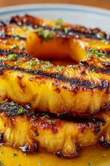Grilled Pineapple rings stacked on a plate, caramelized with golden grill marks, drizzled in syrup, and garnished with fresh herbs.