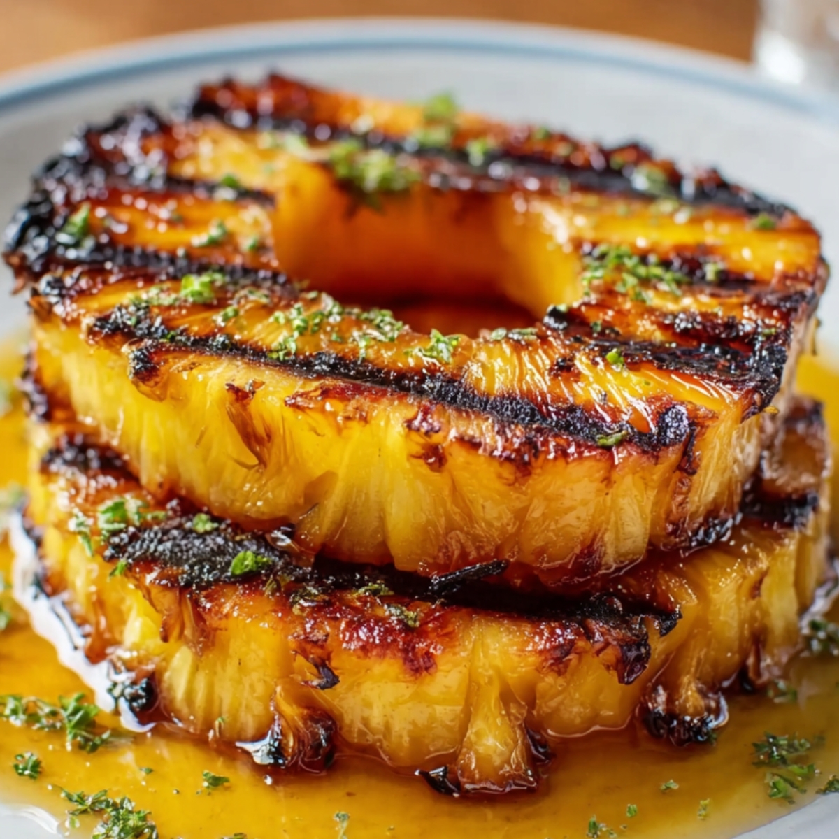Grilled Pineapple rings stacked on a plate, caramelized with golden grill marks, drizzled in syrup, and garnished with fresh herbs.