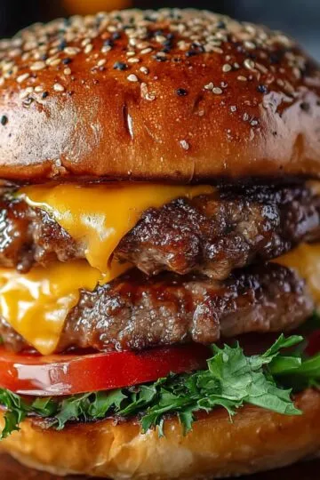A stacked Hamburger Patty Recipe with two beef patties, melted cheddar cheese, lettuce, tomato, red onion, and a sesame seed bun.