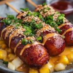Close-up of three skewered Korean corn sausage dogs coated in a crispy golden batter, drizzled with creamy sauce, sprinkled with sesame seeds, and garnished with chopped green onions, placed on printed parchment paper with blurred bowls of toppings in the background.