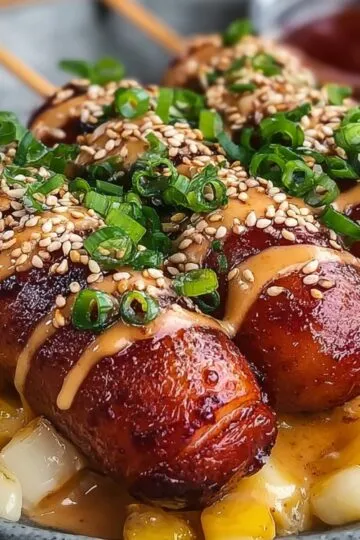 Close-up of three skewered Korean corn sausage dogs coated in a crispy golden batter, drizzled with creamy sauce, sprinkled with sesame seeds, and garnished with chopped green onions, placed on printed parchment paper with blurred bowls of toppings in the background.