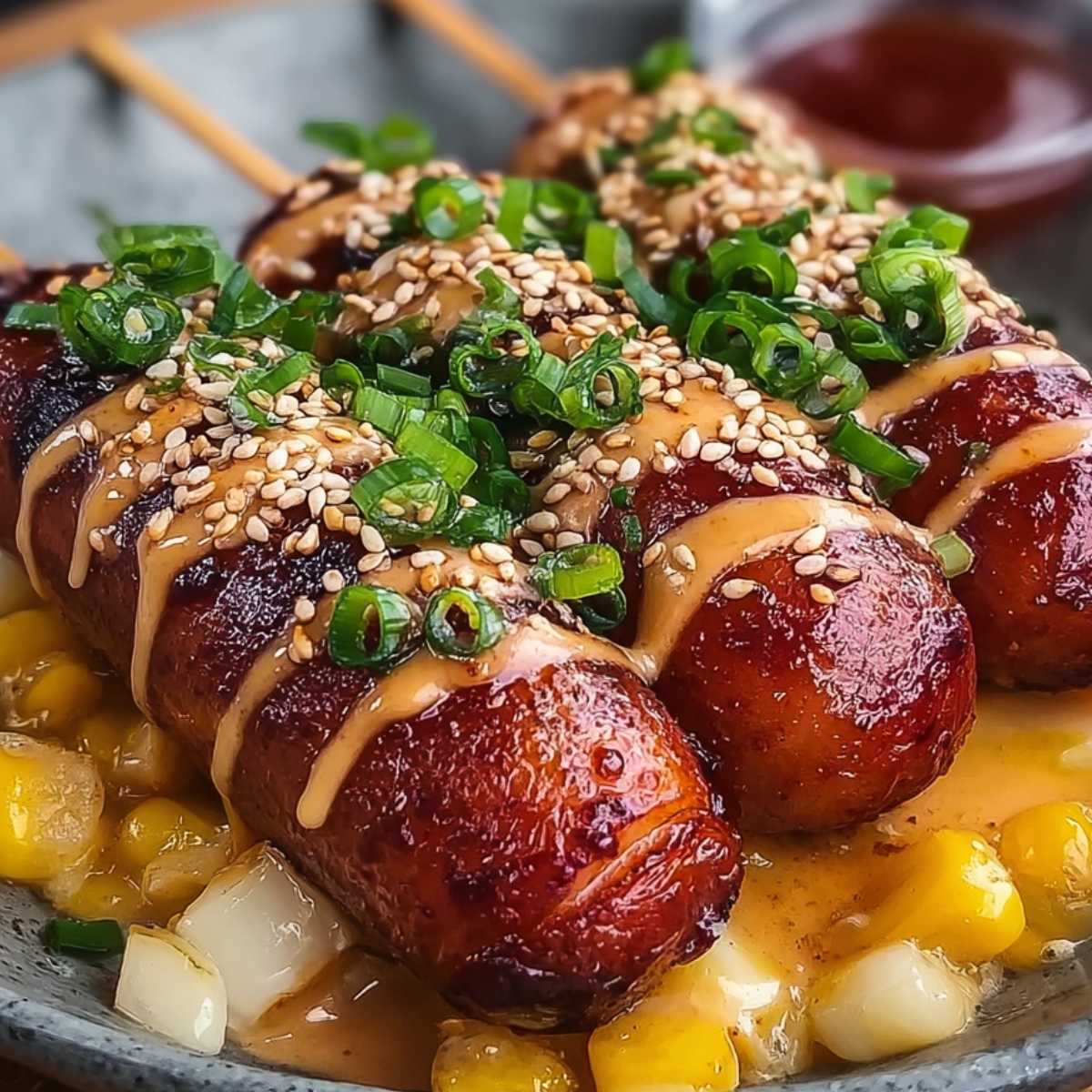 Close-up of three skewered Korean corn sausage dogs coated in a crispy golden batter, drizzled with creamy sauce, sprinkled with sesame seeds, and garnished with chopped green onions, placed on printed parchment paper with blurred bowls of toppings in the background.