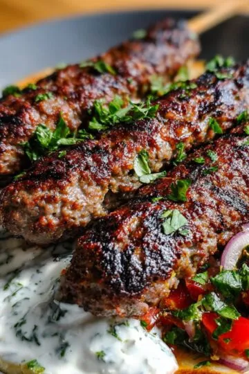 Grilled Lebanese kafta skewers served on flatbread with tzatziki, diced tomatoes, red onions, and fresh herbs. Charred meat and creamy sauce create a bold contrast.