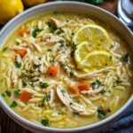 A white bowl of lemon chicken orzo soup with shredded chicken, orzo pasta, carrot pieces, lemon slices, and chopped parsley, with lemons and parsley in the background.