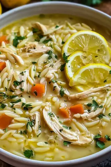 A white bowl of lemon chicken orzo soup with shredded chicken, orzo pasta, carrot pieces, lemon slices, and chopped parsley, with lemons and parsley in the background.