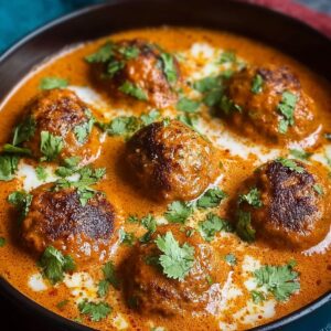 A finished dish of malai kofta recipe fried paneer balls in creamy tomato gravy, garnished with cilantro and a drizzle of cream.