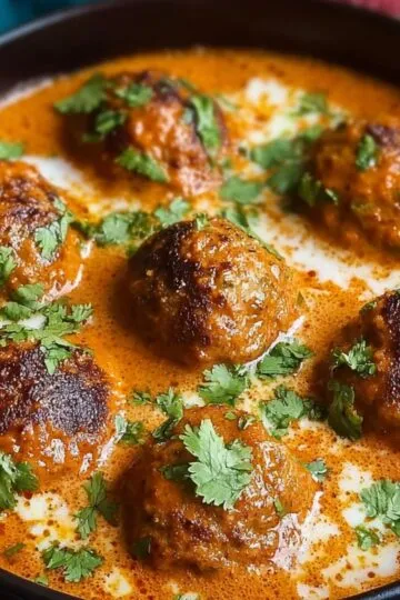 A finished dish of malai kofta recipe fried paneer balls in creamy tomato gravy, garnished with cilantro and a drizzle of cream.