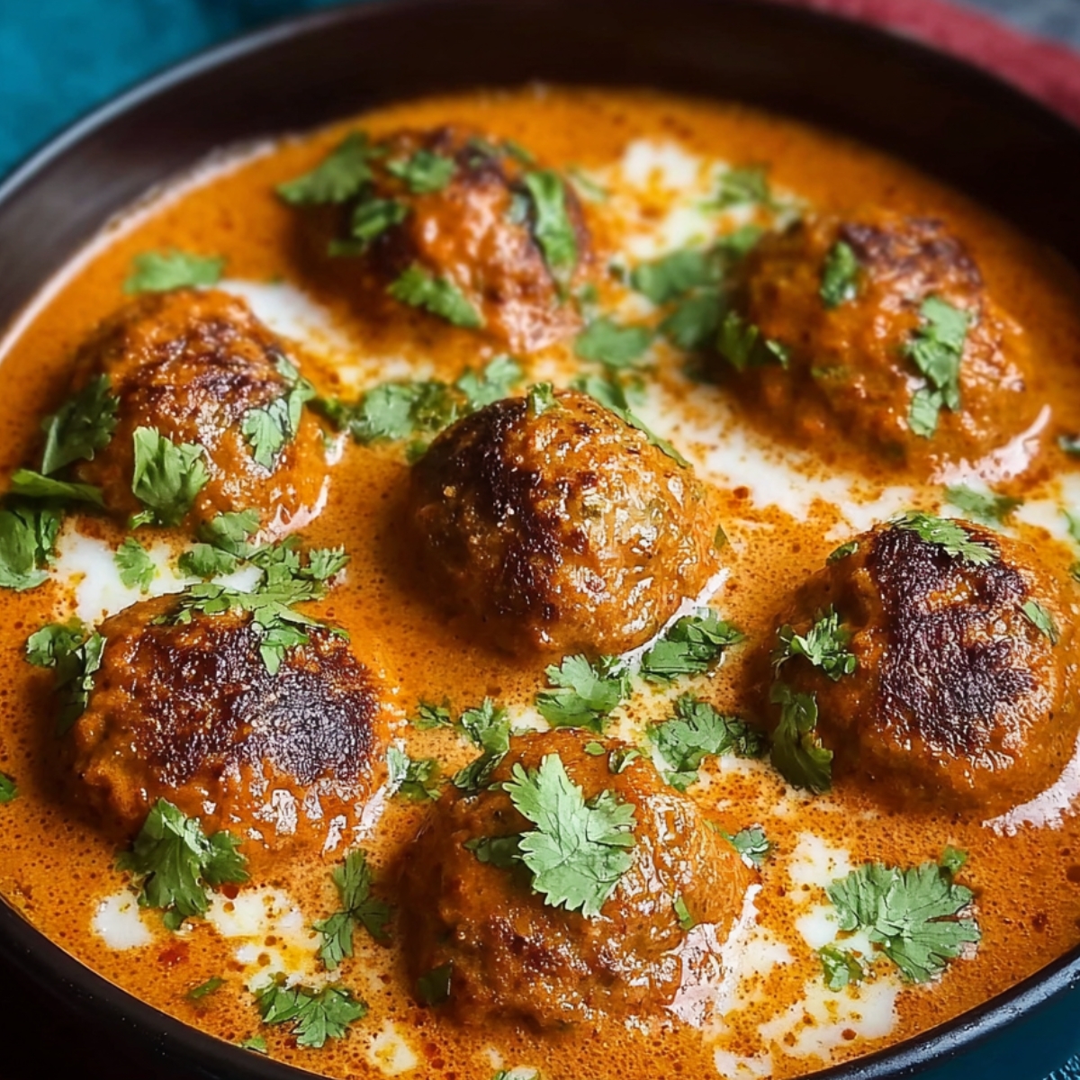 A finished dish of malai kofta recipe fried paneer balls in creamy tomato gravy, garnished with cilantro and a drizzle of cream.