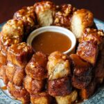 A monkey bread recipe ring topped with caramel glaze and chopped nuts, served on a decorative plate with a bowl of extra caramel sauce in the center.