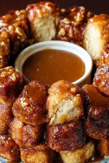 A monkey bread recipe ring topped with caramel glaze and chopped nuts, served on a decorative plate with a bowl of extra caramel sauce in the center.