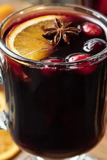 Two glass mugs of mulled wine recipe garnished with orange, star anise, and cranberries.