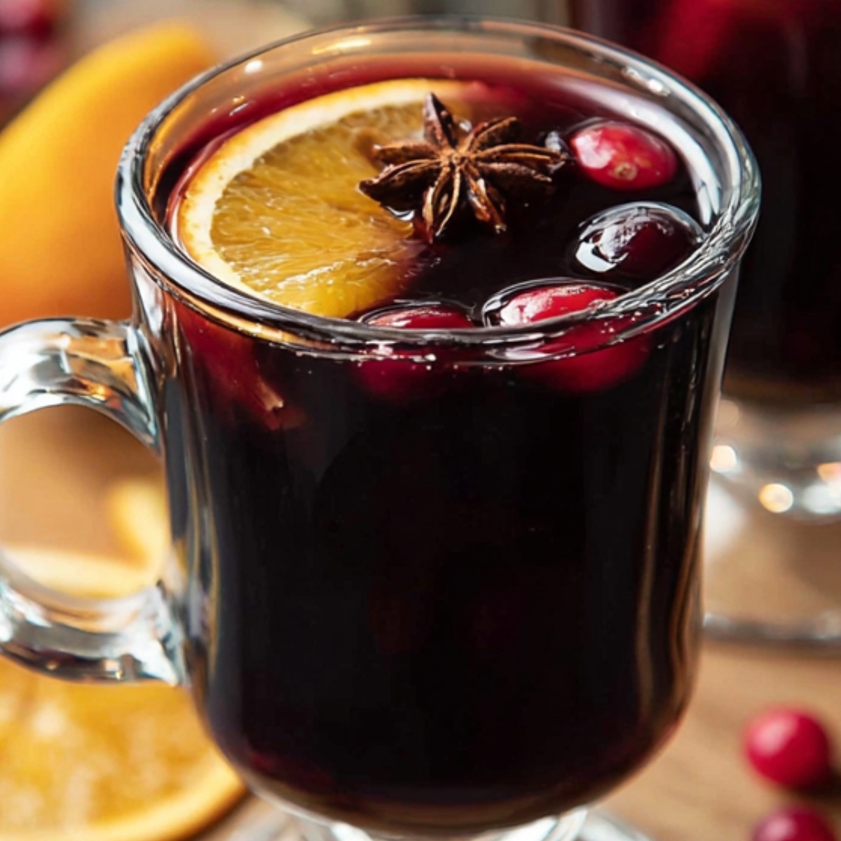Two glass mugs of mulled wine recipe garnished with orange, star anise, and cranberries.