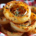 A close-up of fried onion rings recipe coated in herbs, stacked in a spiral on a red and white checkered cloth.