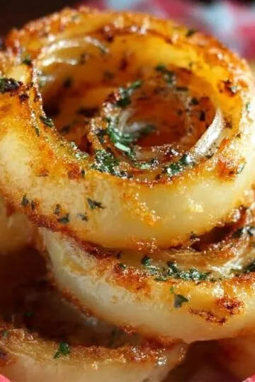 A close-up of fried onion rings recipe coated in herbs, stacked in a spiral on a red and white checkered cloth.