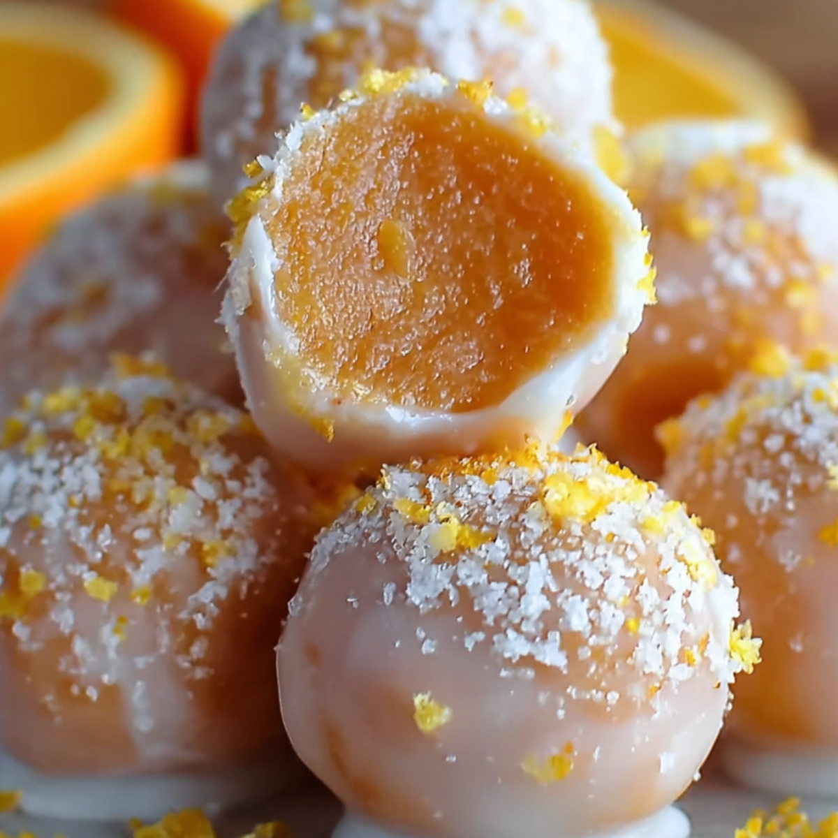 Small bowls filled with orange zest, Orange Creamsicle Truffles, shredded coconut, and sticks of butter for truffle preparation.