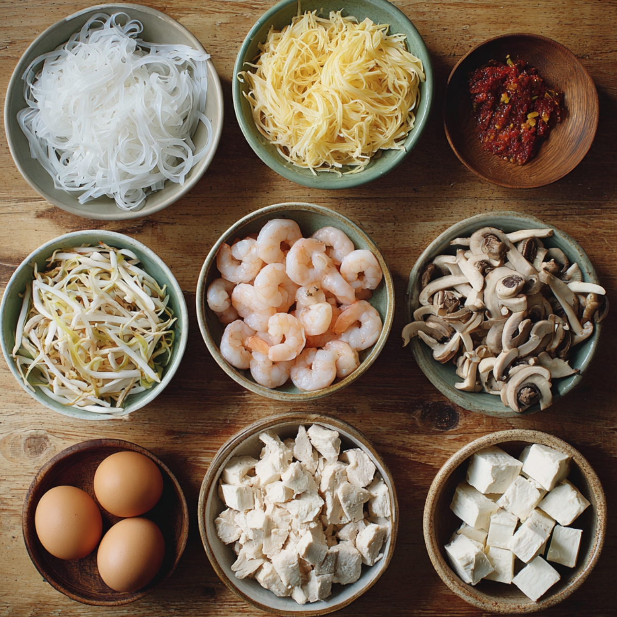 Flat lay of Pad Thai ingredients including rice noodles, egg noodles, shrimp, tofu, chicken, mushrooms, eggs, bean sprouts, and chili paste on a wooden table.