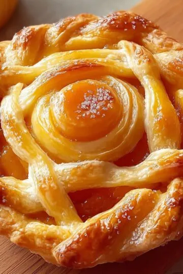 Mini peach pie tart with golden lattice crust styled like a rose, placed on a wooden board with glossy finish and sugar crystals.