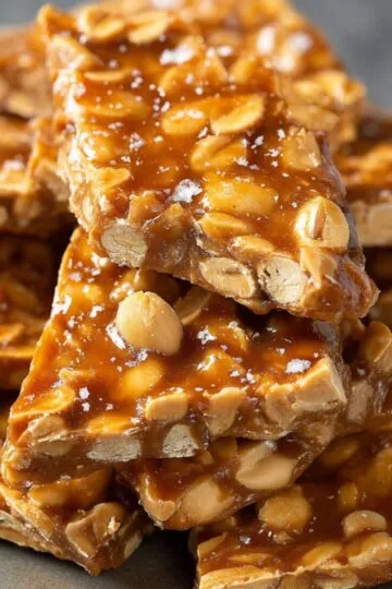 Beautifully styled overhead shot of peanut brittle recipe squares served on parchment paper, rustic background, food photography