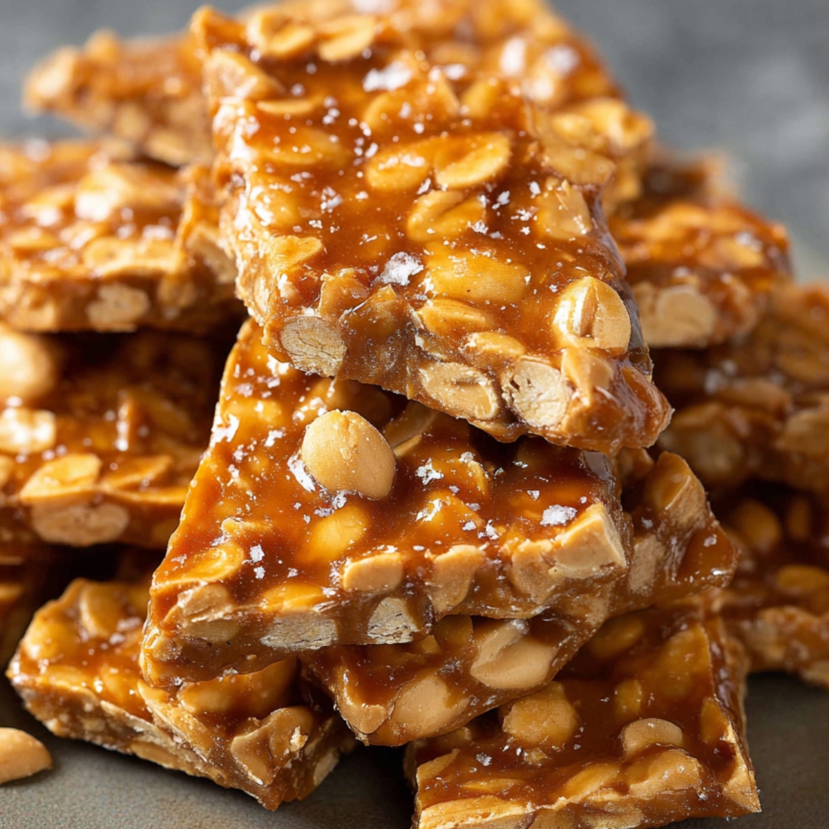 Beautifully styled overhead shot of peanut brittle recipe squares served on parchment paper, rustic background, food photography