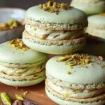 Stack of Pistachio Macaron Recipe with cream filling and chopped pistachios on top, arranged on a wooden surface.