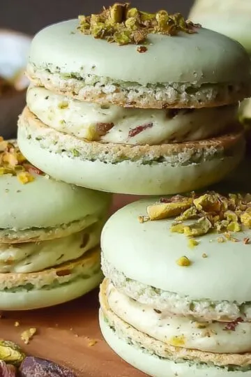 Stack of Pistachio Macaron Recipe with cream filling and chopped pistachios on top, arranged on a wooden surface.