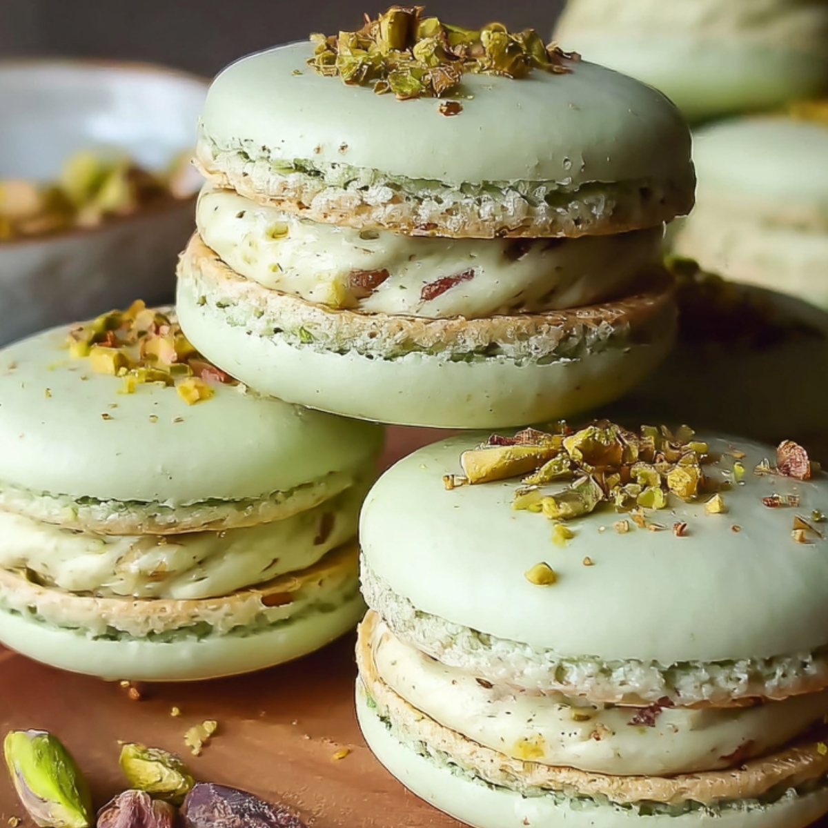 Stack of Pistachio Macaron Recipe with cream filling and chopped pistachios on top, arranged on a wooden surface.
