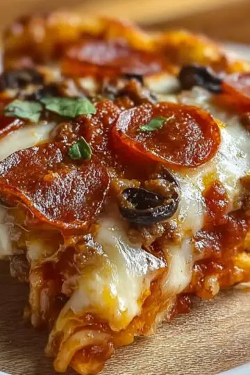 A close-up of a single serving of pizza casserole recipe on a white plate, layered with pasta, meat sauce, melted cheese, and pepperoni slices.